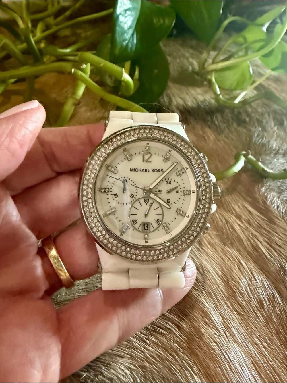 Michael Kors White Ceramic Crystal Bezel Chronograph Watch